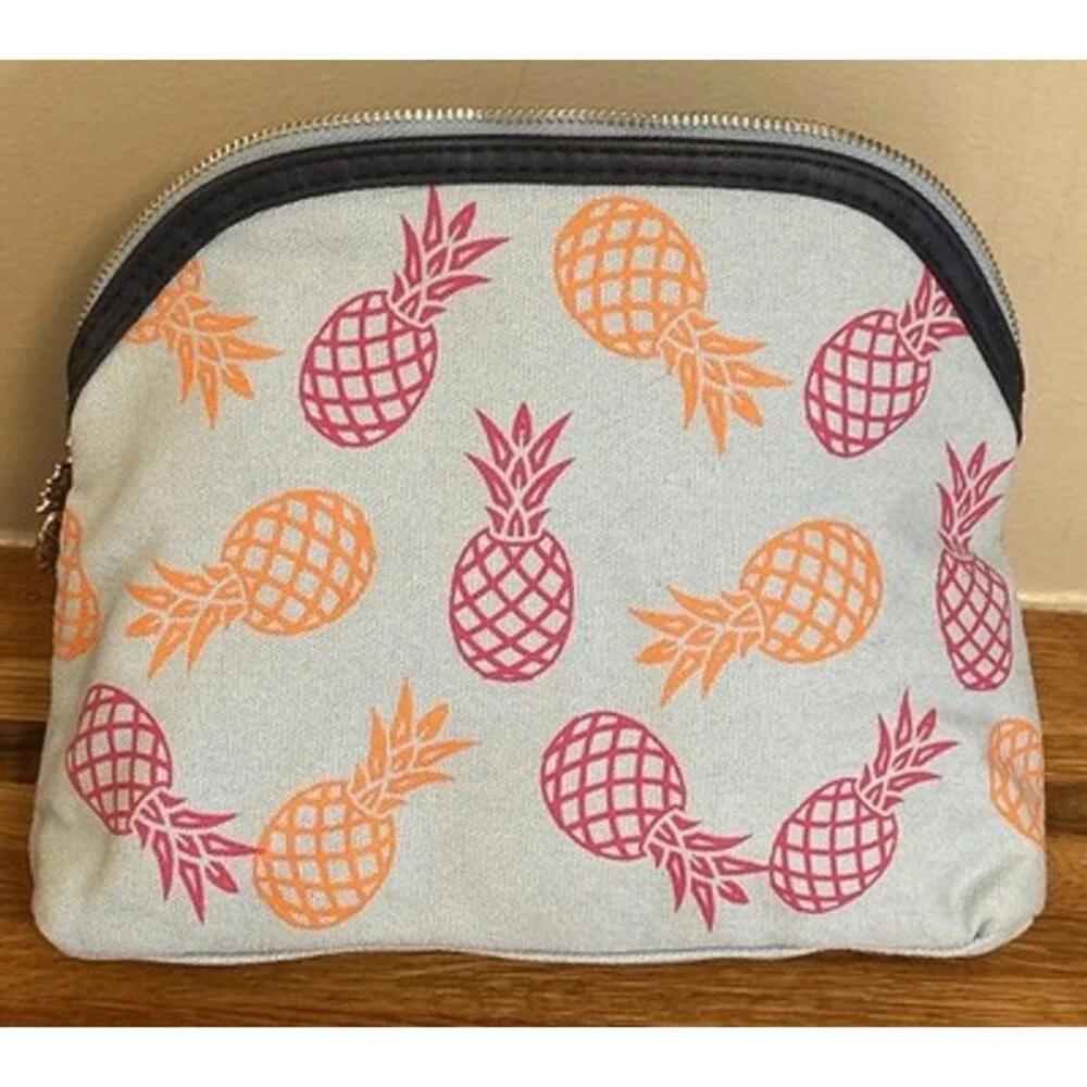 Escada Cosmetic Case Travel Bag Miami Blossom Blue with Gold Pineapple Charm